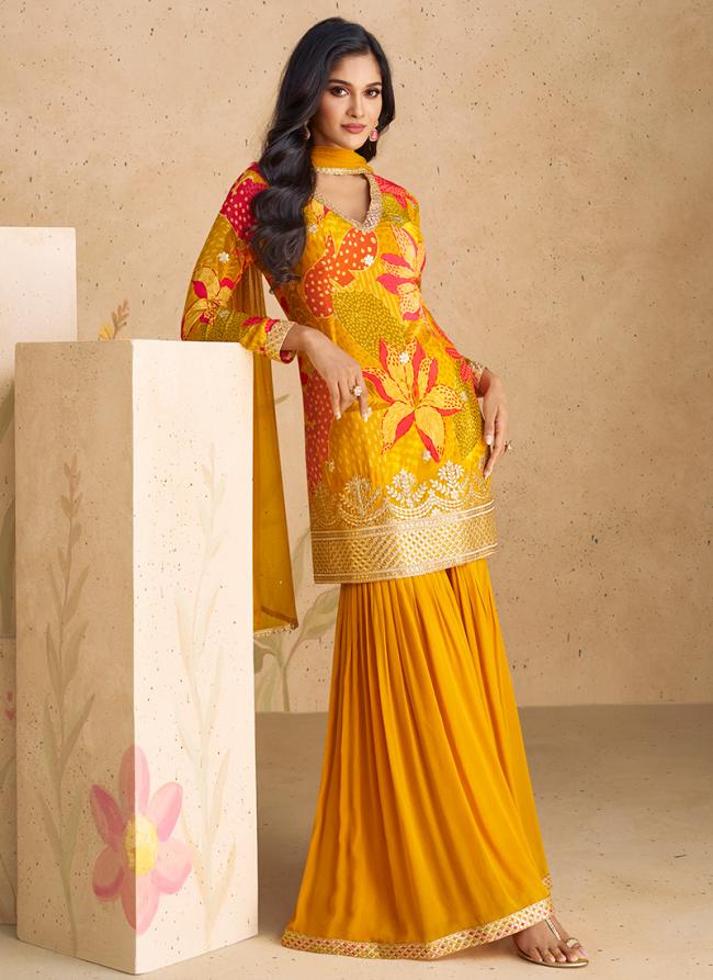 Chinon Silk Yellow Party Wear Embroidery Work Readymade Sharara Suit